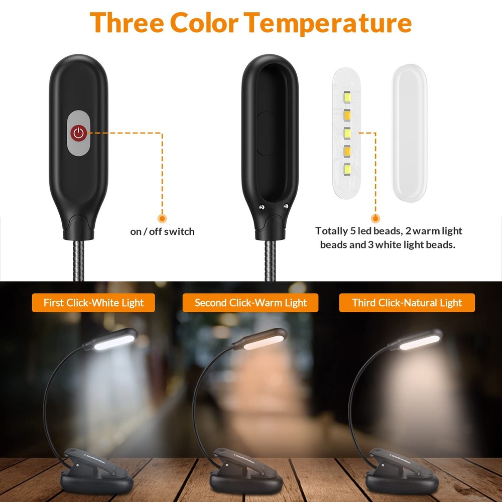 LED Clip On Book Light 5 LED 3 Modes USB Reading Lamp
