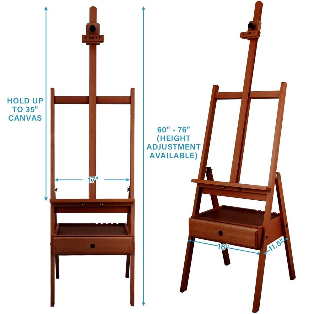 Large Wooden H-Frame Studio Easel, Solid Beechwood Easel Stand with Storage D...