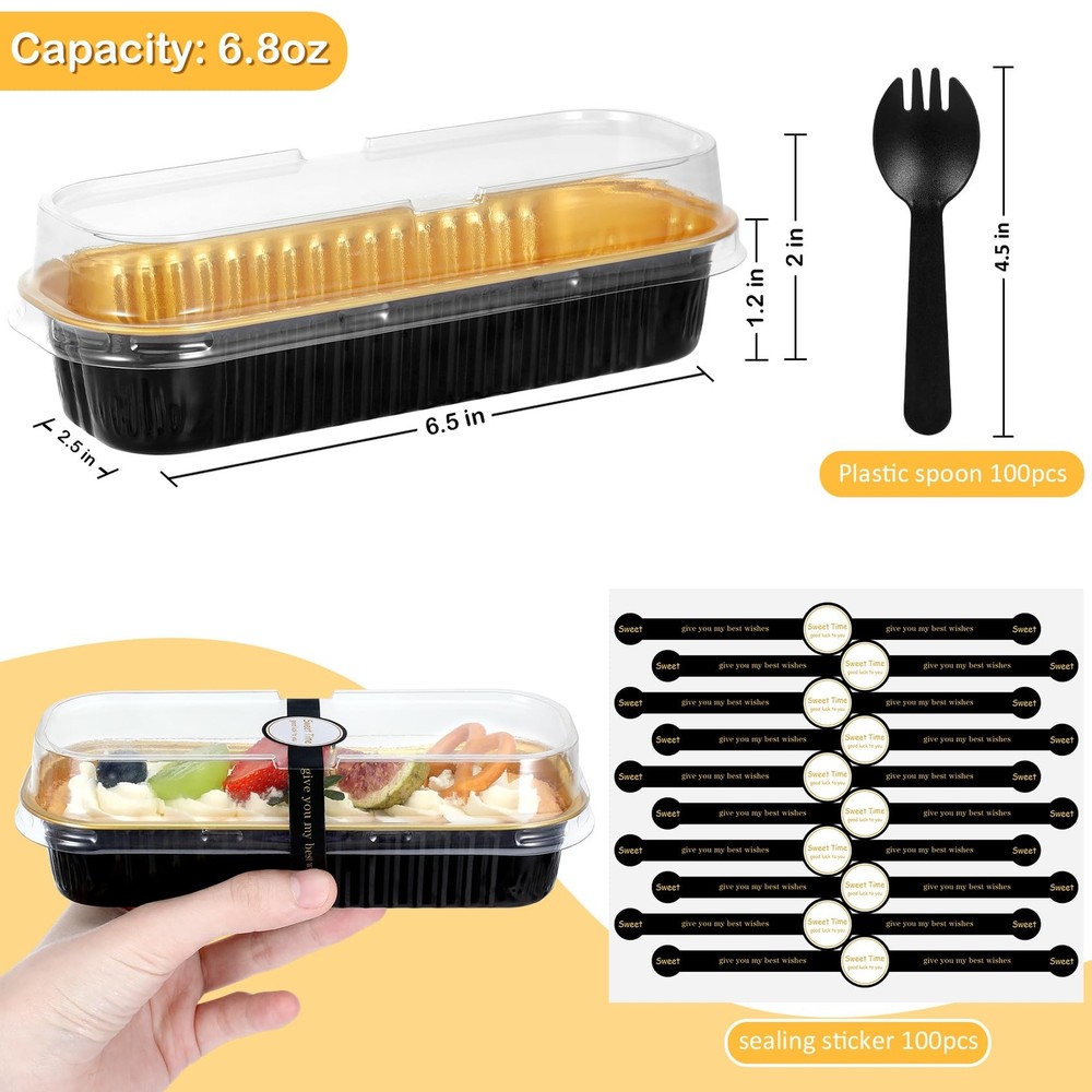 Mini Loaf Pans with Lids and Spoons (100 Pack, Mixed color, 6.8oz) Rectangular A