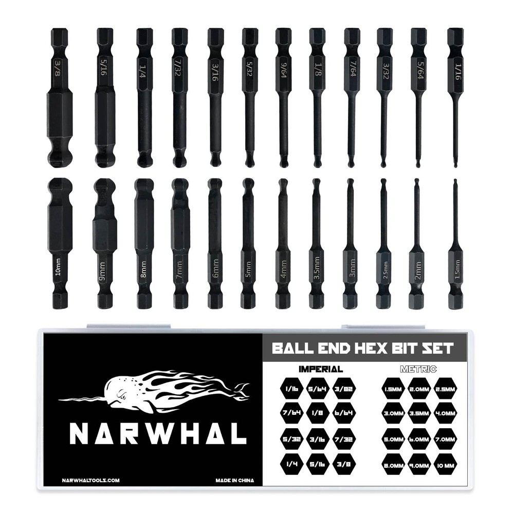 Ball End Hex Allen Wrench Drill Bit Set (24 Pack - Metric & SAE Sizes -...