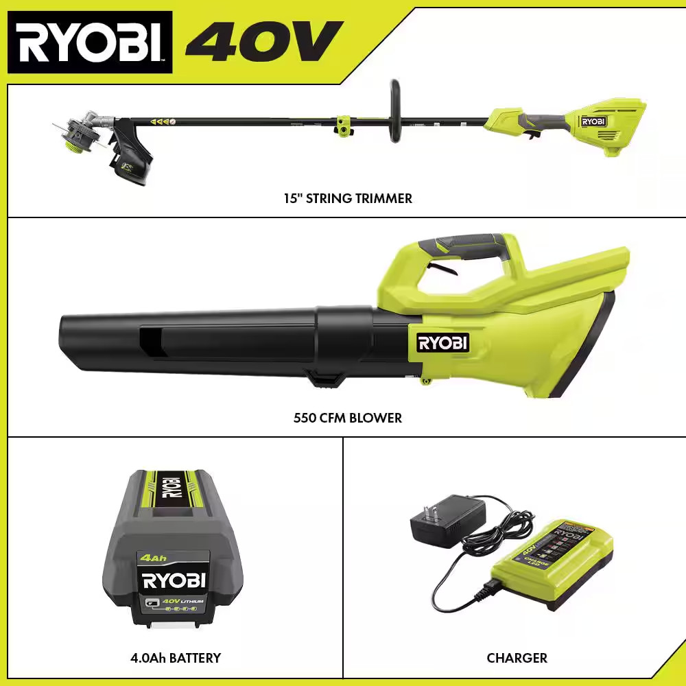40V Cordless Attachment Capable 15" String Trimmer & 550 CFM 120 MPH Blower Comb
