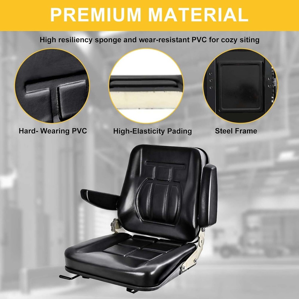 Universal Forklift Seat Replacement 45°-180° Adjustable Backrest & Armrests