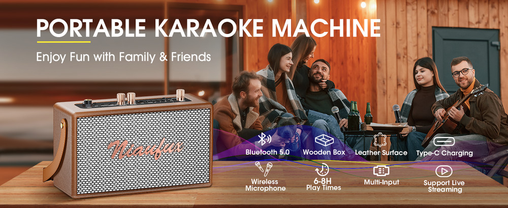 Retro Karaoke Machine - Two Wireless Microphones Portable Bluetooth Rechargeable