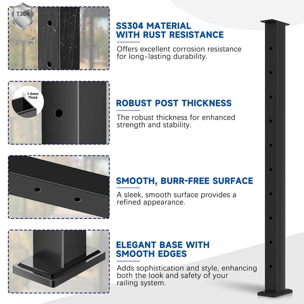 36" Cable Railing Post, Fixed Top Level Drilled Line Post w/Cable Grommets,