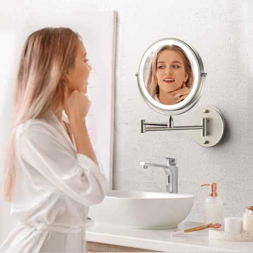 Rechargeable Wall Mounted Lighted Makeup Mirror, 8 Inch Double-Sided Nickel