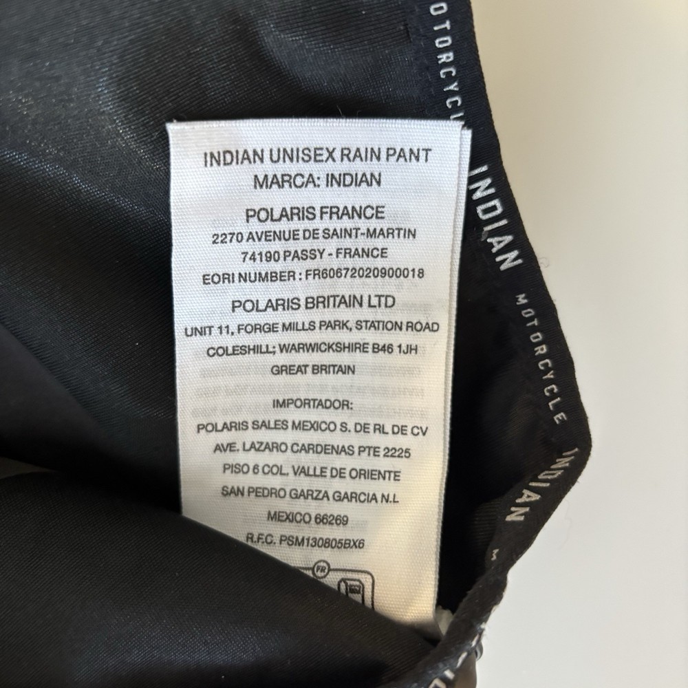 Indian Motorcycle Performance Line Black Rain Suit Bottom Unisex Size Medium
