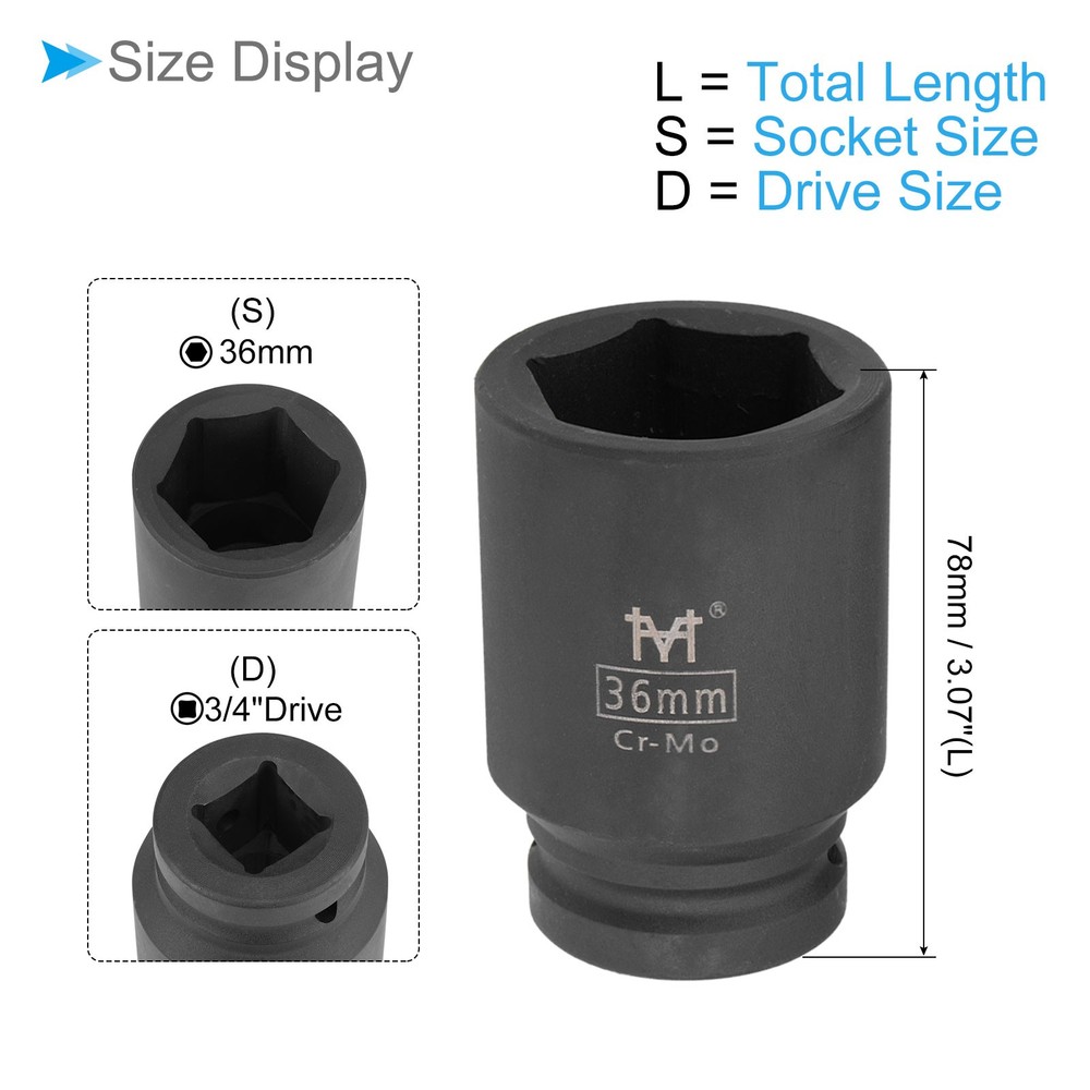 Deep Impact Socket 3/4" Drive 36mm Socket Cr-Mo Steel Hex Wrench Socket