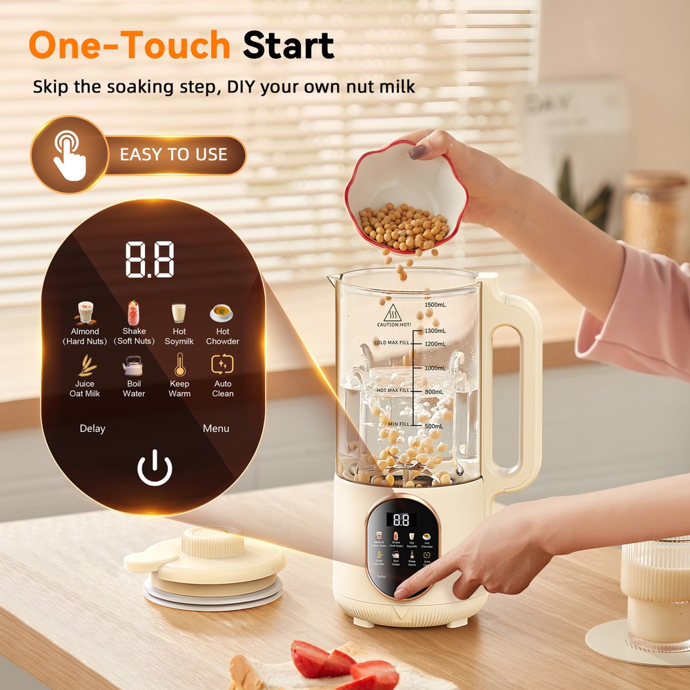50oz Automatic Nut Milk Maker, with Delay Start, Keep Warm, Boil Water (1500ML)