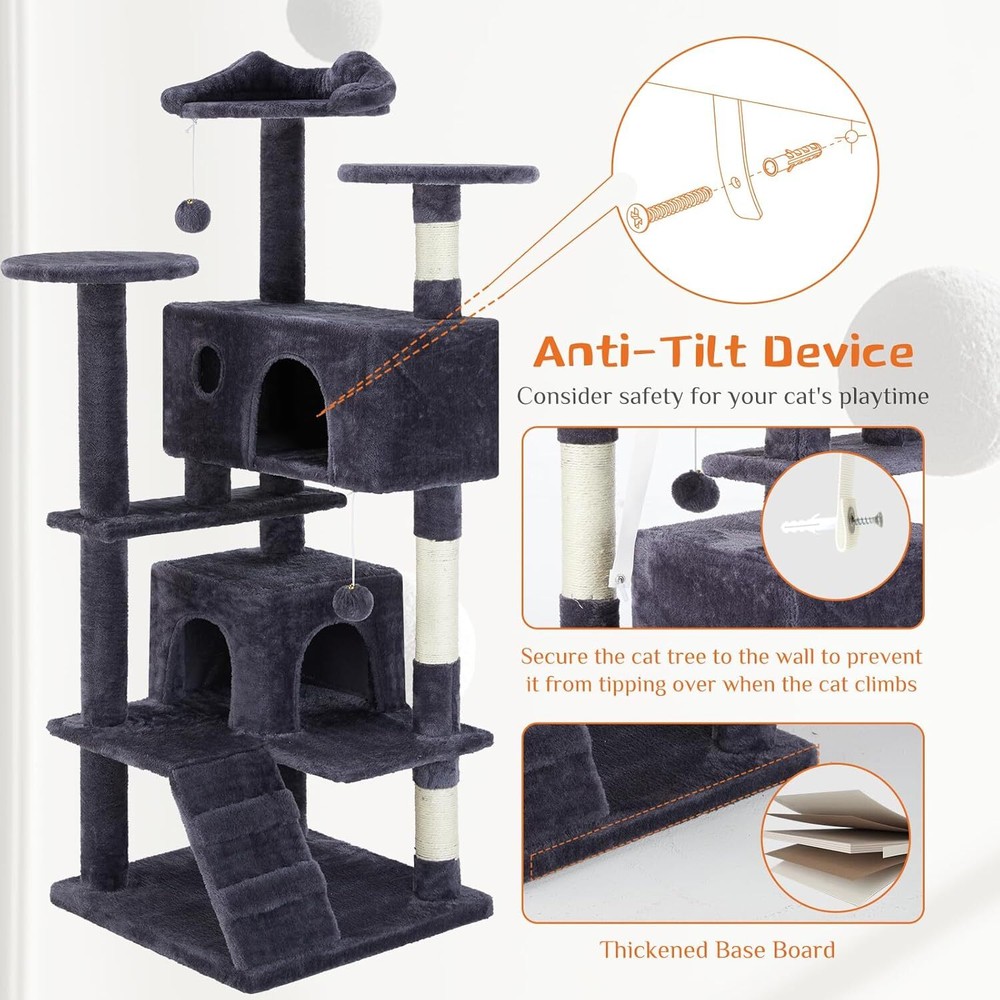 Gray Multi-Level Indoor Cat Tree Tower - 54" Activity Climbing House