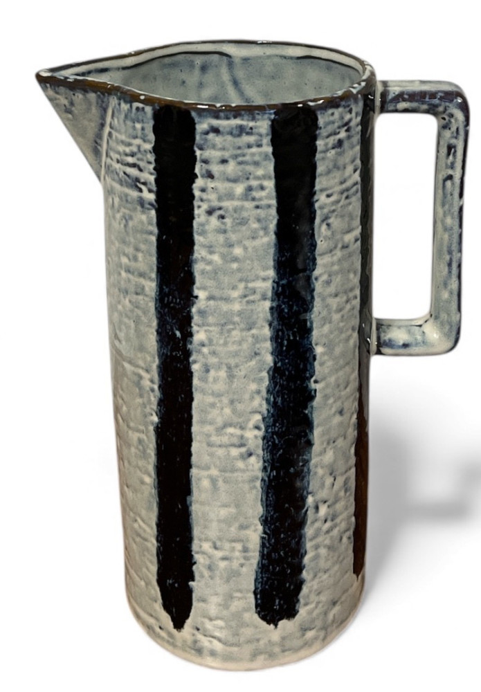 Mud Pie Pitcher 9" Blue Gray Stripe Ceramic Reactive Glaze Rustic Boho Farmhouse