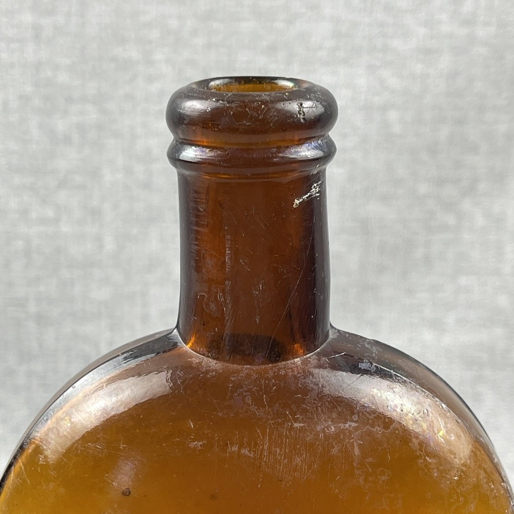 Amber Strap Side Whiskey Flask "194" Embossed Base