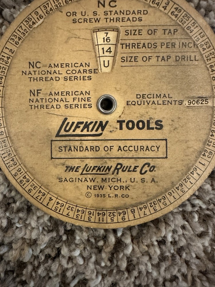 Vintage LUFKIN TOOLs Screw Threads Wheel Chart & LUFKIN Decimal/Drill Chart