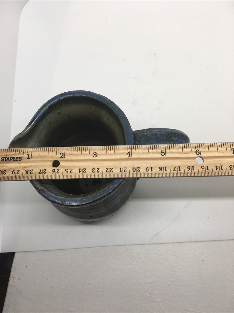 Vintage Primitive Rustic Art Pottery Pitcher Blue Glaze Signed 5”