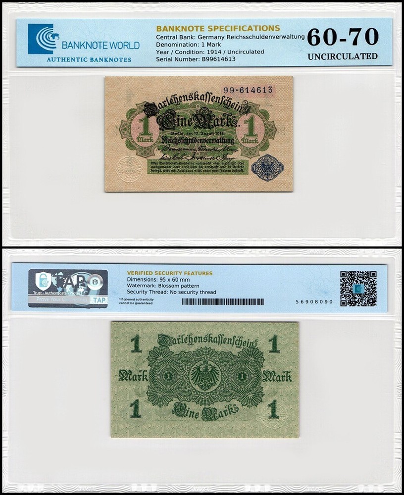 Germany 1 Mark, 1914, P-52, UNC, Authenticated