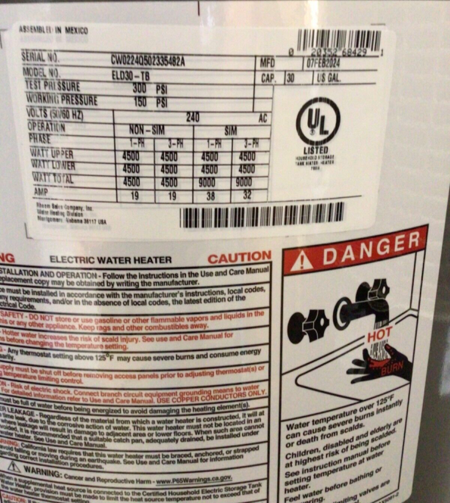 Rheem Commercial Electric Water Heater ELD30-TB 30 Gallon 5000W 240v 3Ph/1Ph