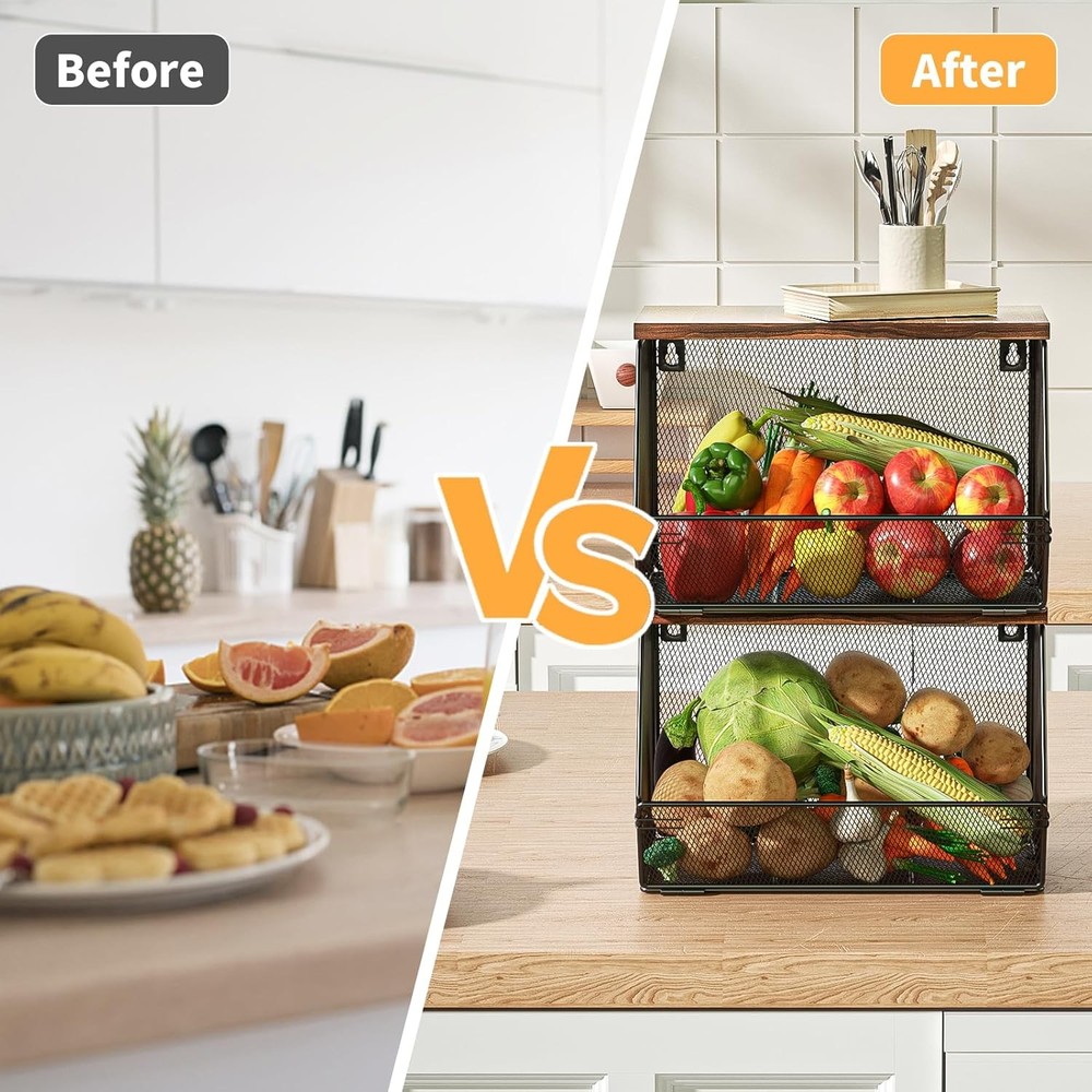 Stackable Fruit Basket for Kitchen Countertop Space Saving, Wall Mounted Mesh