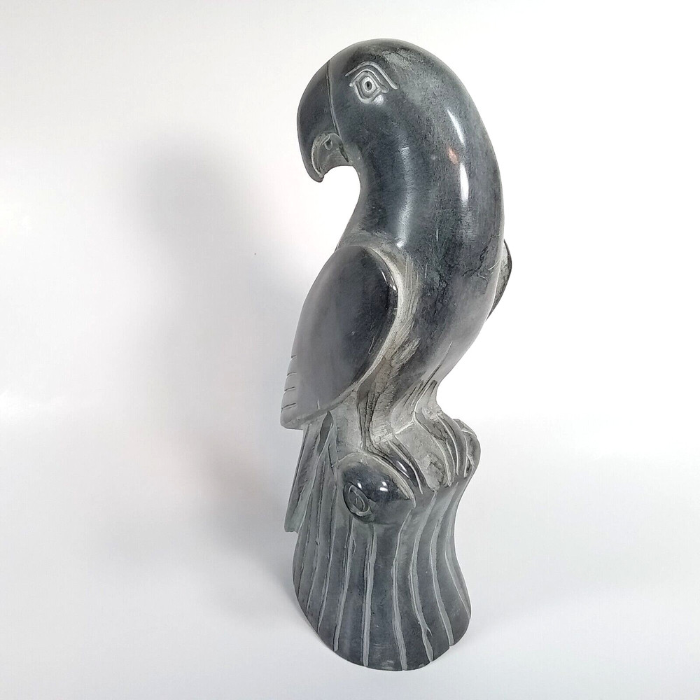 Solid Stone Hand Carved & Polished Gray Parrot Tropical Bird Figurine Decor 9"