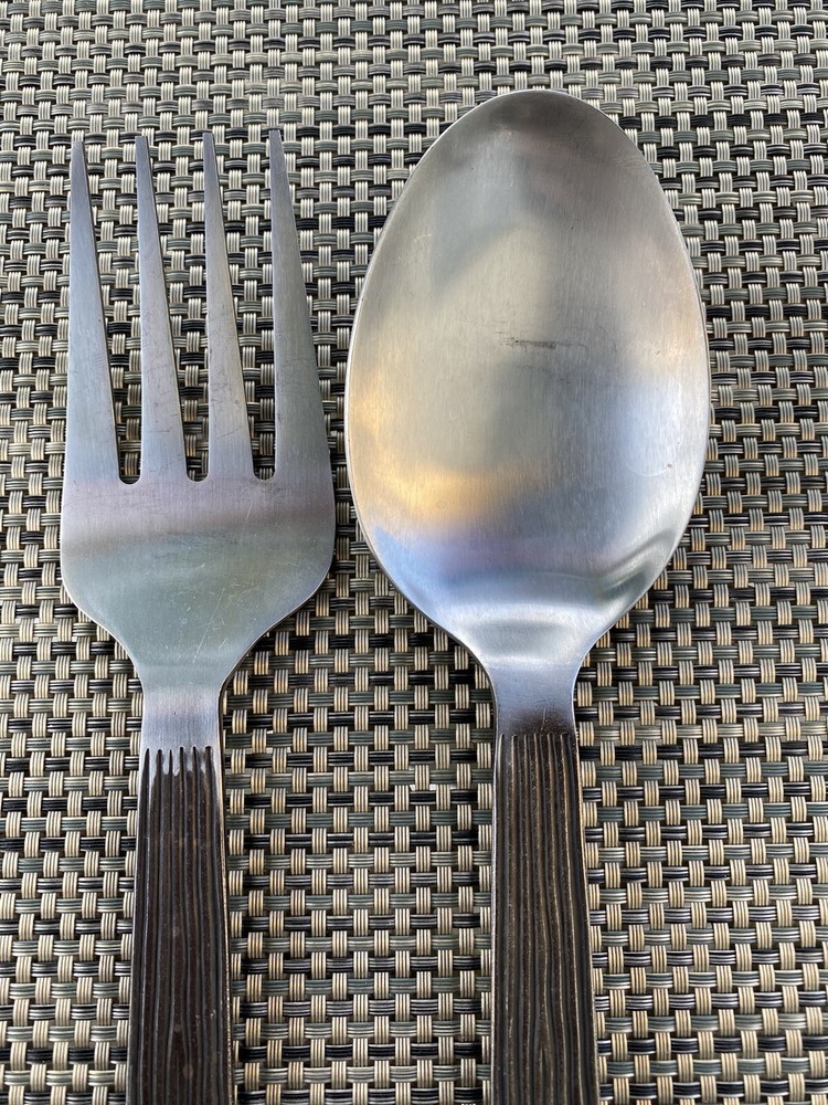 Sasaki Japan Extra Large Stainless Teak Pattern Serving Utensil Set Fork & Spoon
