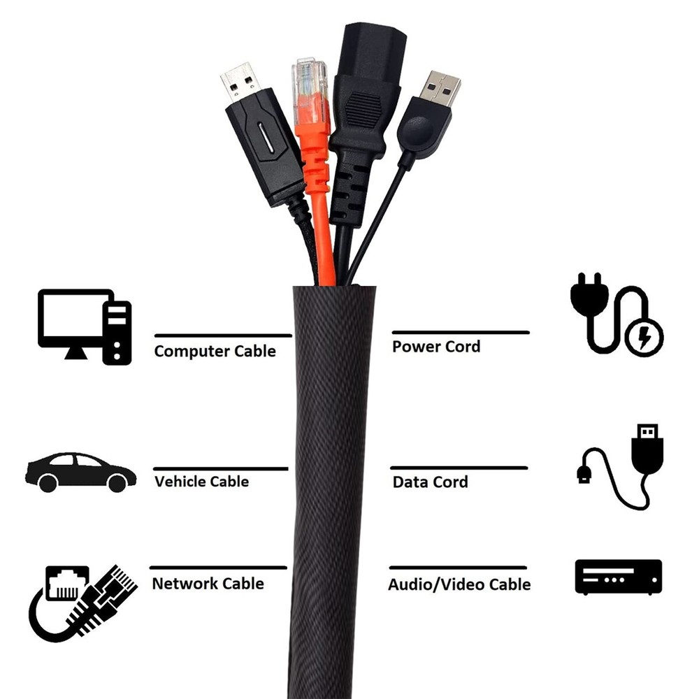 Braided Cable Management Sleeve Cord Protector Self-Wrap Split Wire Loom 16/36ft