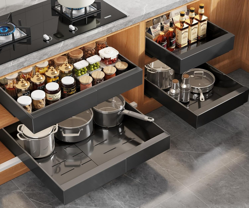 2 Pack 21" Deep Pull Out Cabinet Organizer Expandable（Width 15.1"-26.3"） White+4