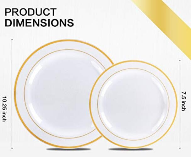 175 Piece Dinnerware Set - 50 Rim Plastic Plates - 25 Plastic Silverware - Gold