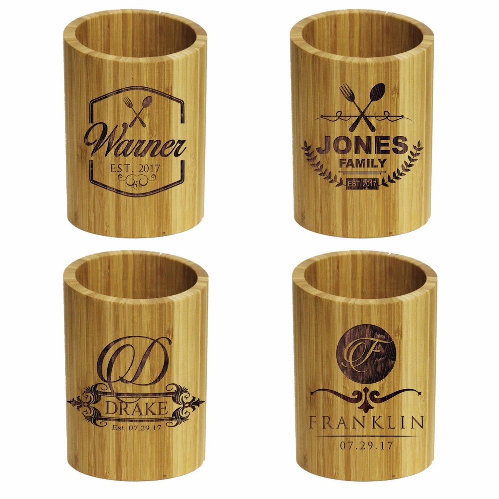 Personalized Kitchen Utensil Holder - Custom Engraved Bamboo Cooking Gift