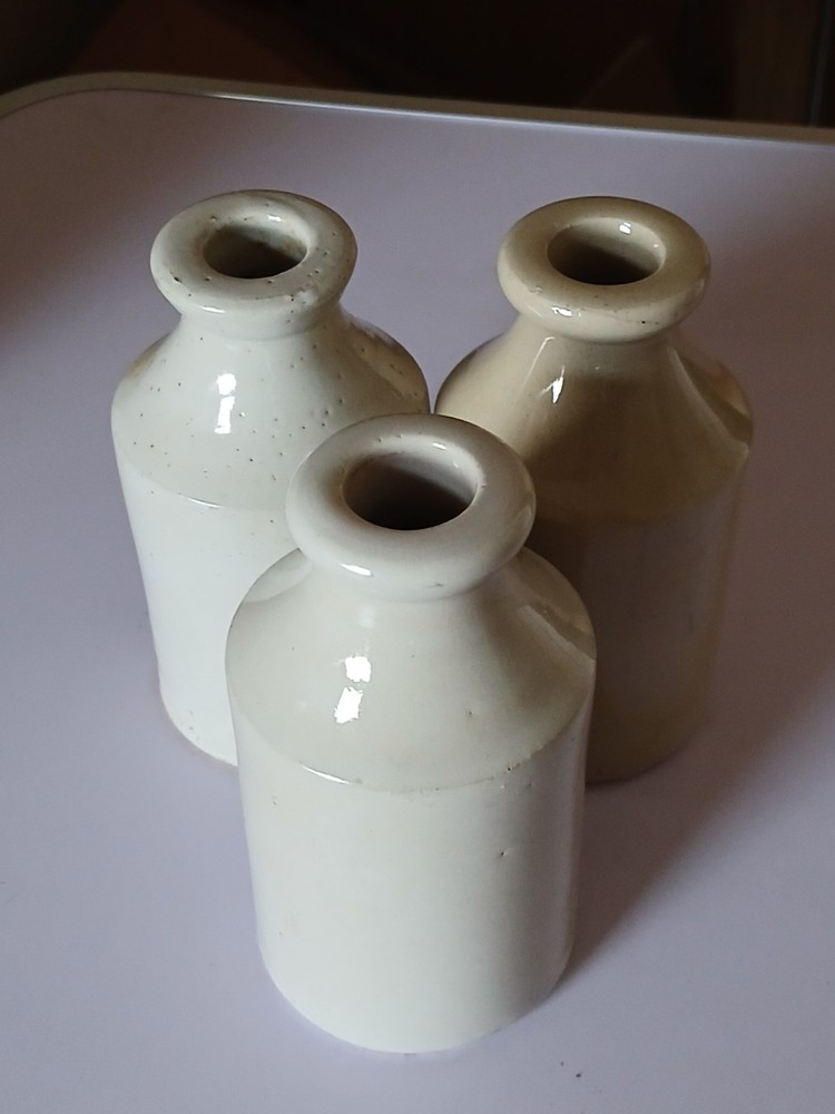 3 Old Off White Stoneware Bottles