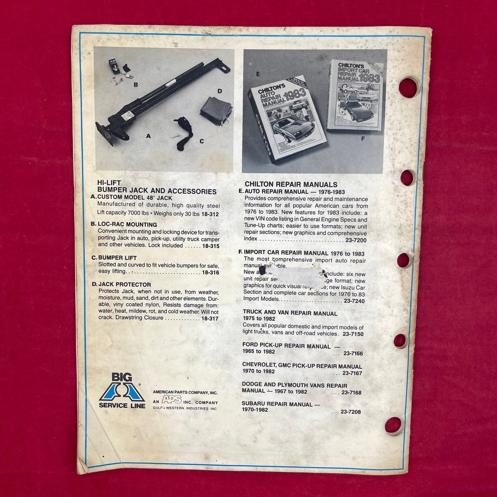 1982 Big A Service Line Accessory Catalog Supplement & resale Price List