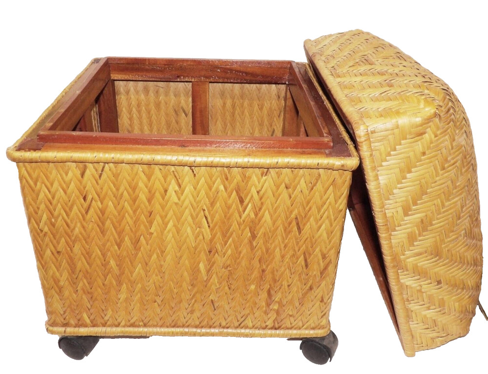Wicker Storage Ottoman Herringbone Weave W/ Wood & Caster Wheels Removeable Lid