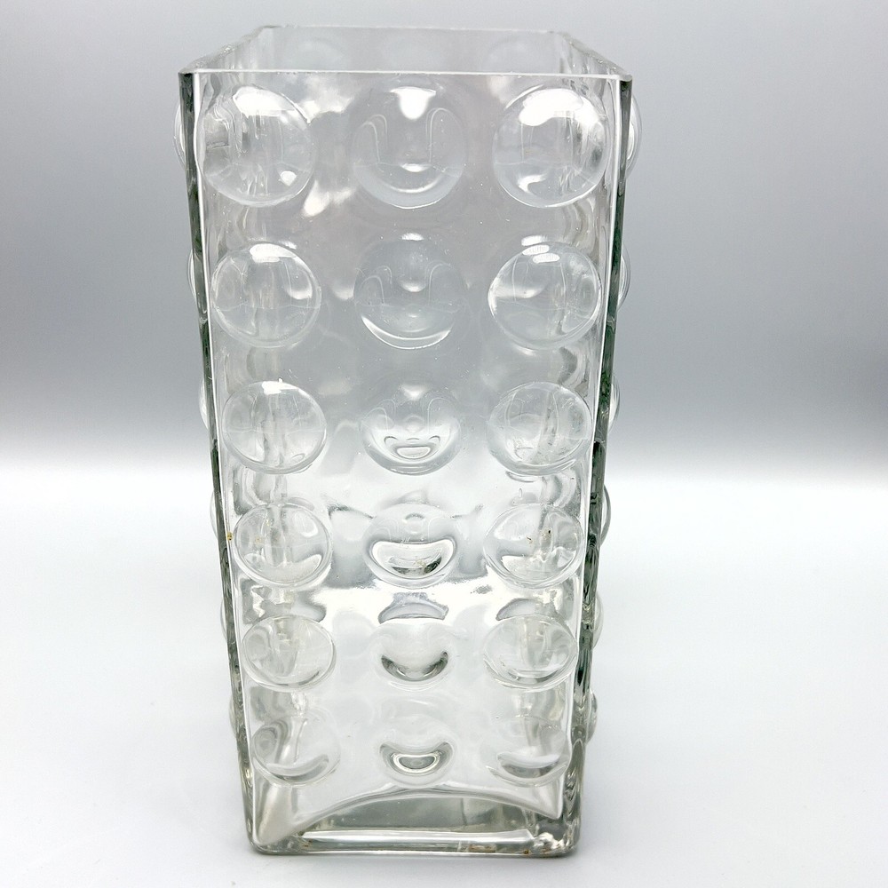 Mid Century Modern Style Vase Bubble Quilted Optic Clear Glass Rectangular 7.75"