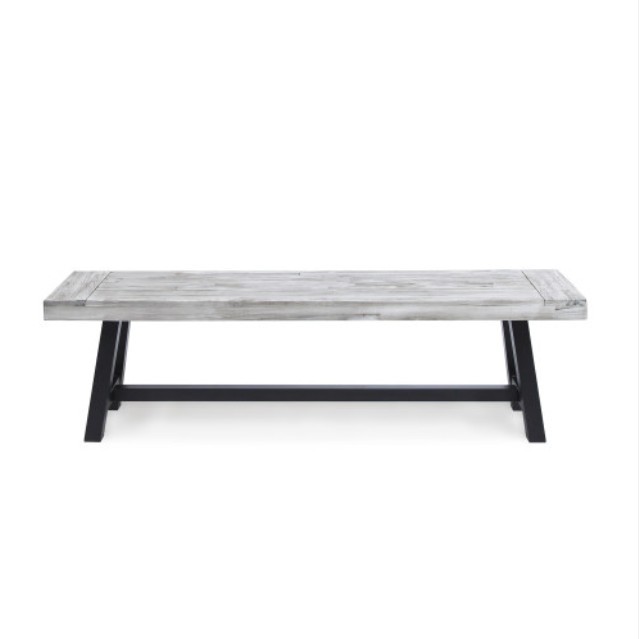 Light Grey Sandblast Finish Acacia Wood Dining Bench Black Rustic Metal Frame