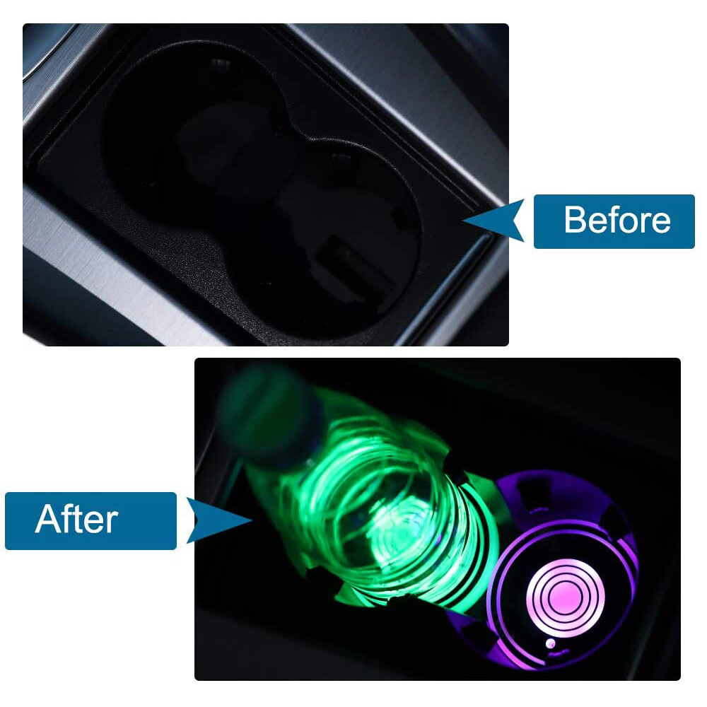 2-Pack USB LED Cup Holder Coasters 7 Color Auto Sensing Mood Lights Car