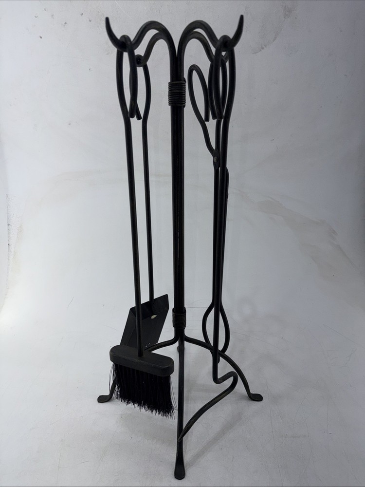 Vintage Hand Forged Fireplace Tool Set (Stand & 4 Tools)