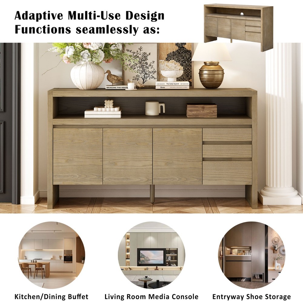 60" Modern Solid Ash Veneer Sideboard (3 Doors+3 Drawers, Semi-Open Shelf