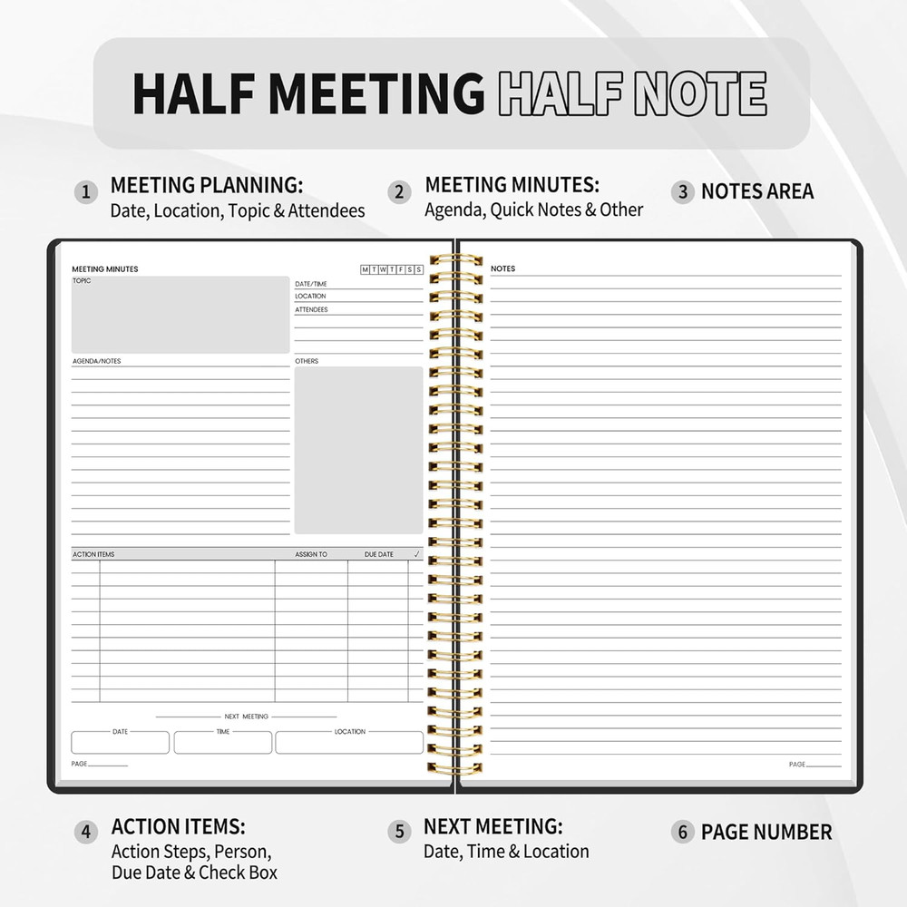 Half Meeting Half Note - 7.5"X10" Professional Notebooks for Work - 160 Pages, B