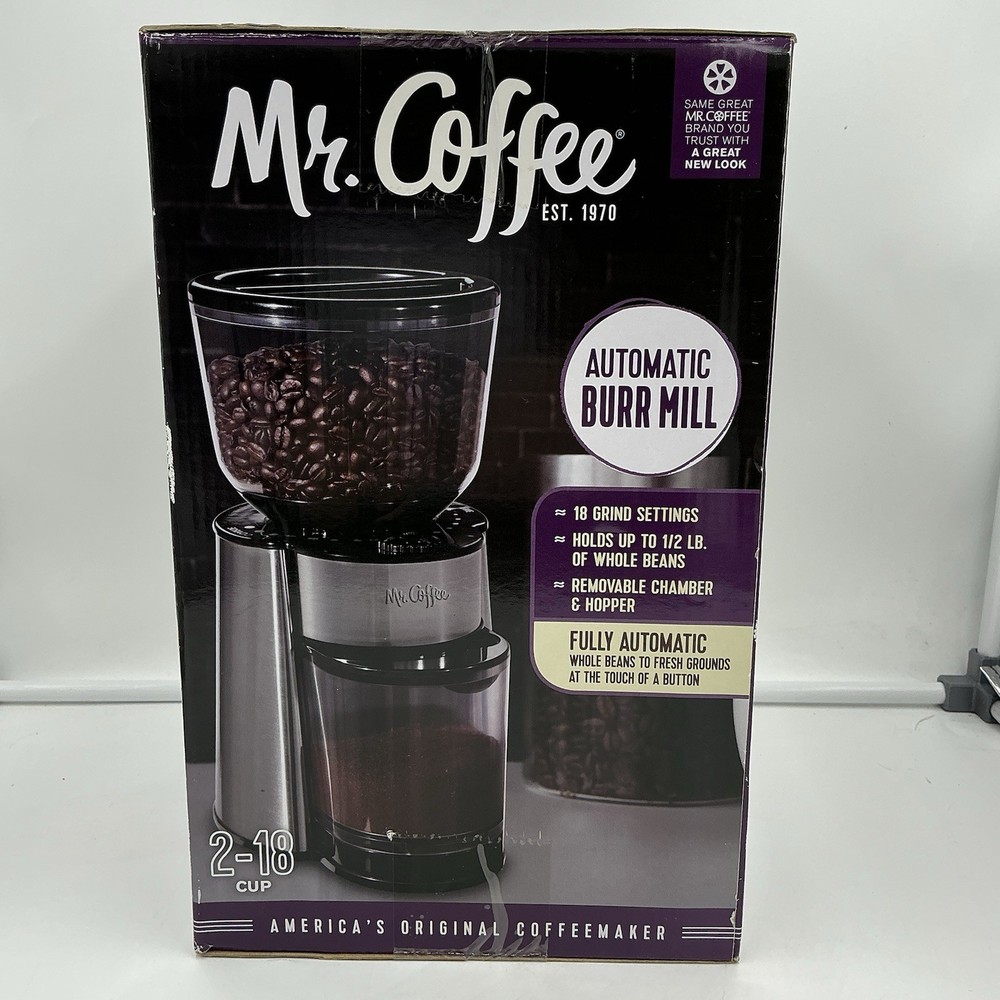 Mr. Coffee Automatic Burr Mill Coffee Grinder with 18 settings / cups Silver