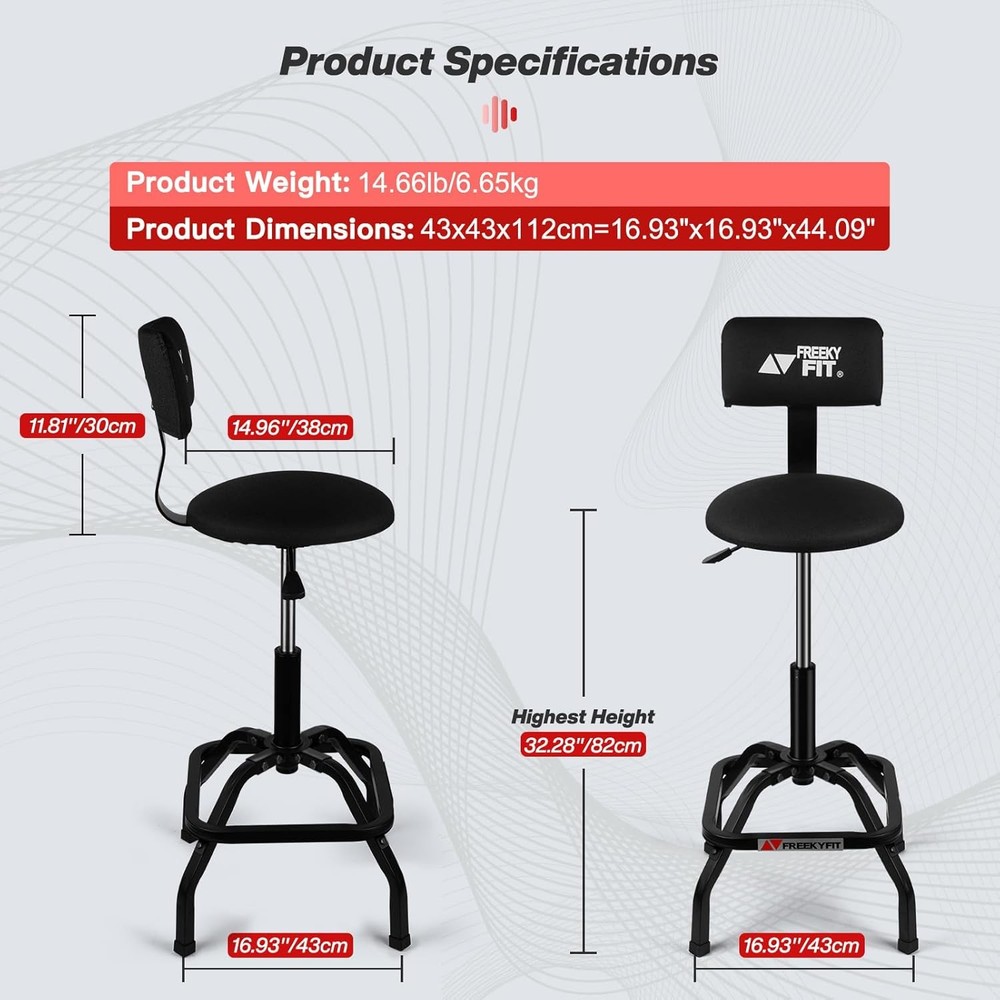 Shop Stool with Backrest, Mechanic Garage for Workshop, Black
