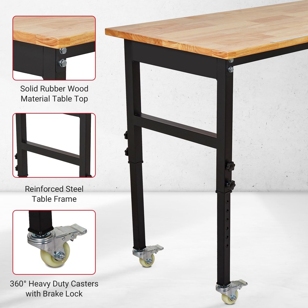 48" Adjustable Workbench 2000Lbs Load Work Bench for Garage w/ Pegboard & Wheels