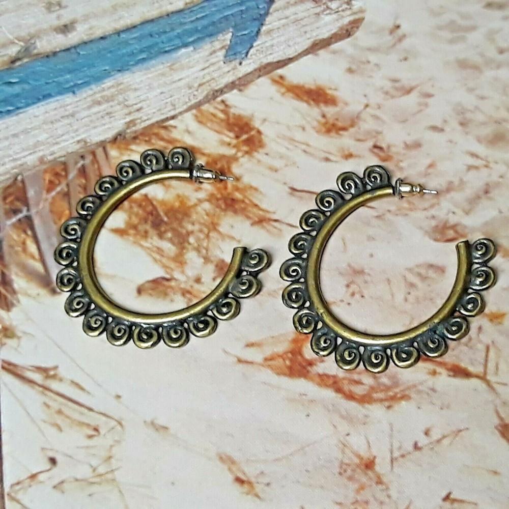 Statement Antique Gold Tone Scroll Design Hoop Earrings