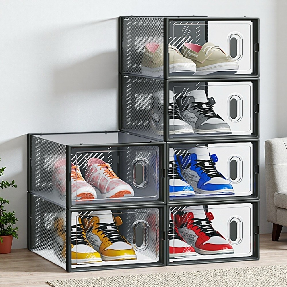 6-Pack Shoe Storage Boxes - Stackable, Plastic Mesh, Door, Black & Small Size