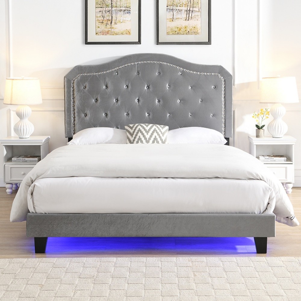 Queen Size Bed Frame Upholstered Platform Bed w/ LED Lights Black/Light Gray