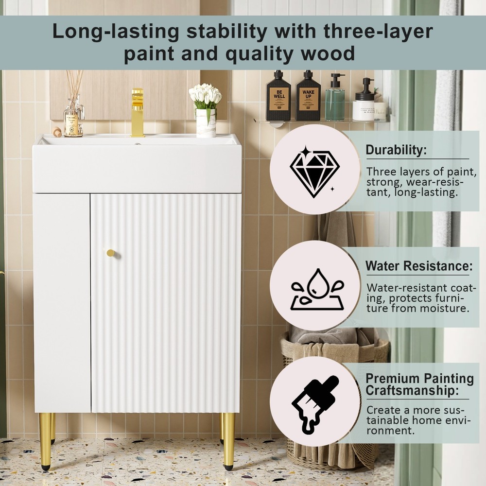 21.6" White Bathroom vanity Combo Cabinet Single Ceramic Sink Left Side Storage
