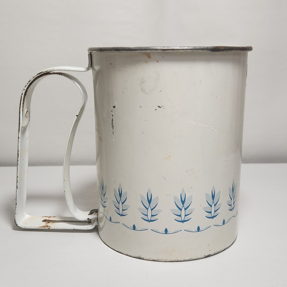 Vintage Mid-Century Androck Flour Sifter Blue Wheat Pattern