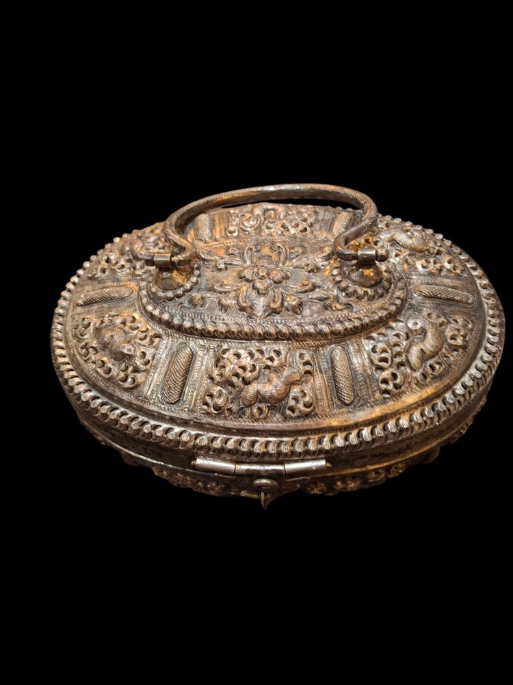 Antique Burmese Silver Tone "Thabeik" Locking Casket Hinged Container Marked...