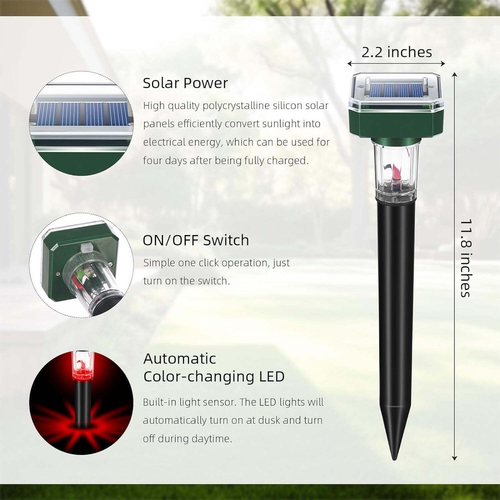 4-Pack Solar Ultrasonic Mole Repeller: Waterproof Sonic Spike with LED Light