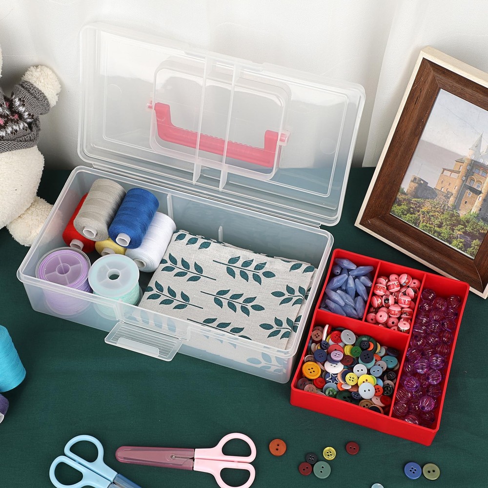 Clear Plastic Storage Box with Tray Handle Craft Sewing Organizer 2 Pack