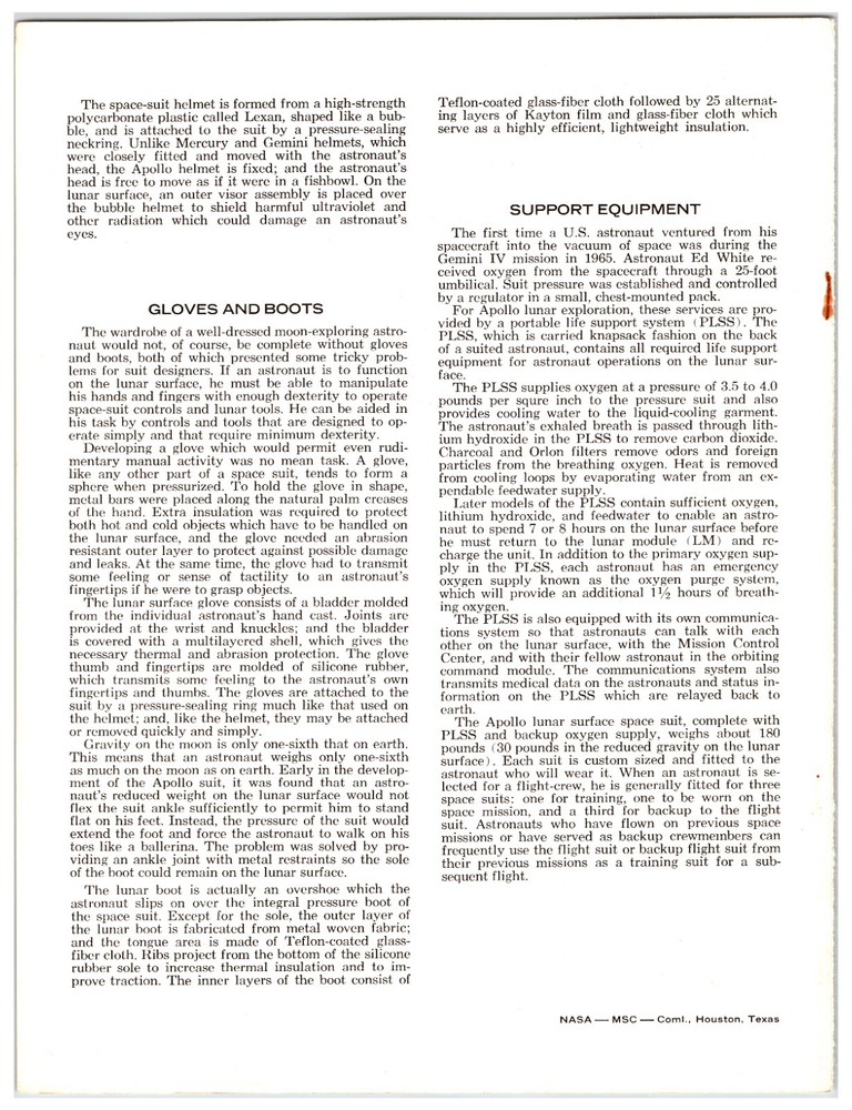 NASA Facts - Space Suit Packet (Public Affairs Office Papers) MSC Command