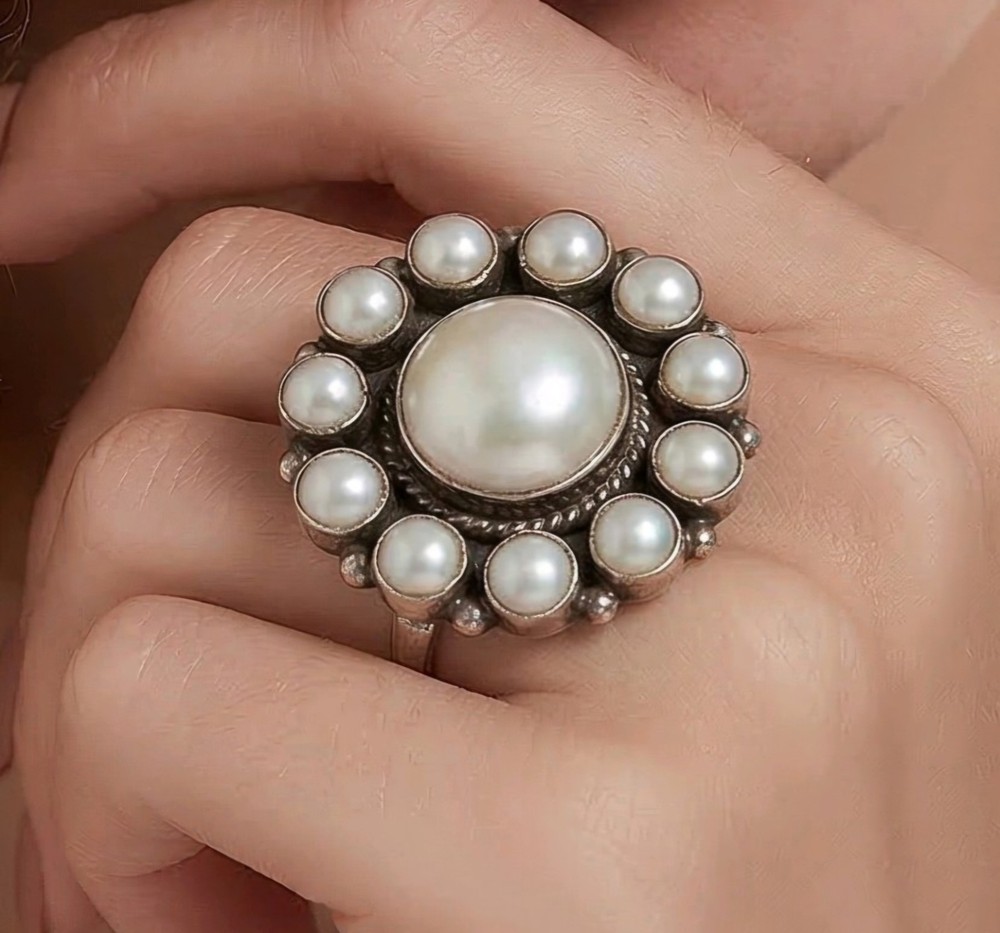 Dan Dodson Sterling Silver Mabe Pearl Halo Statement Ring Adjustable Signed...