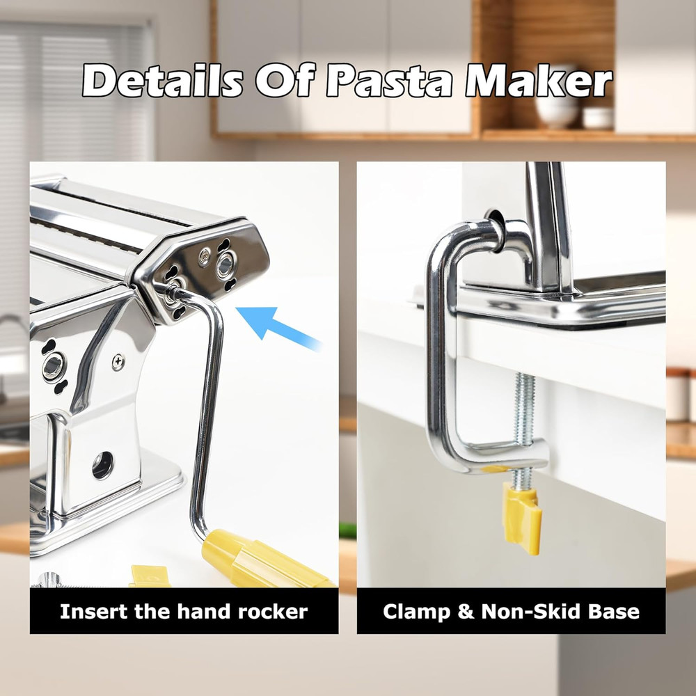 Manual Pasta Maker Machine - 7 Adjustable Thickness Settings Pasta Roller & Cutt