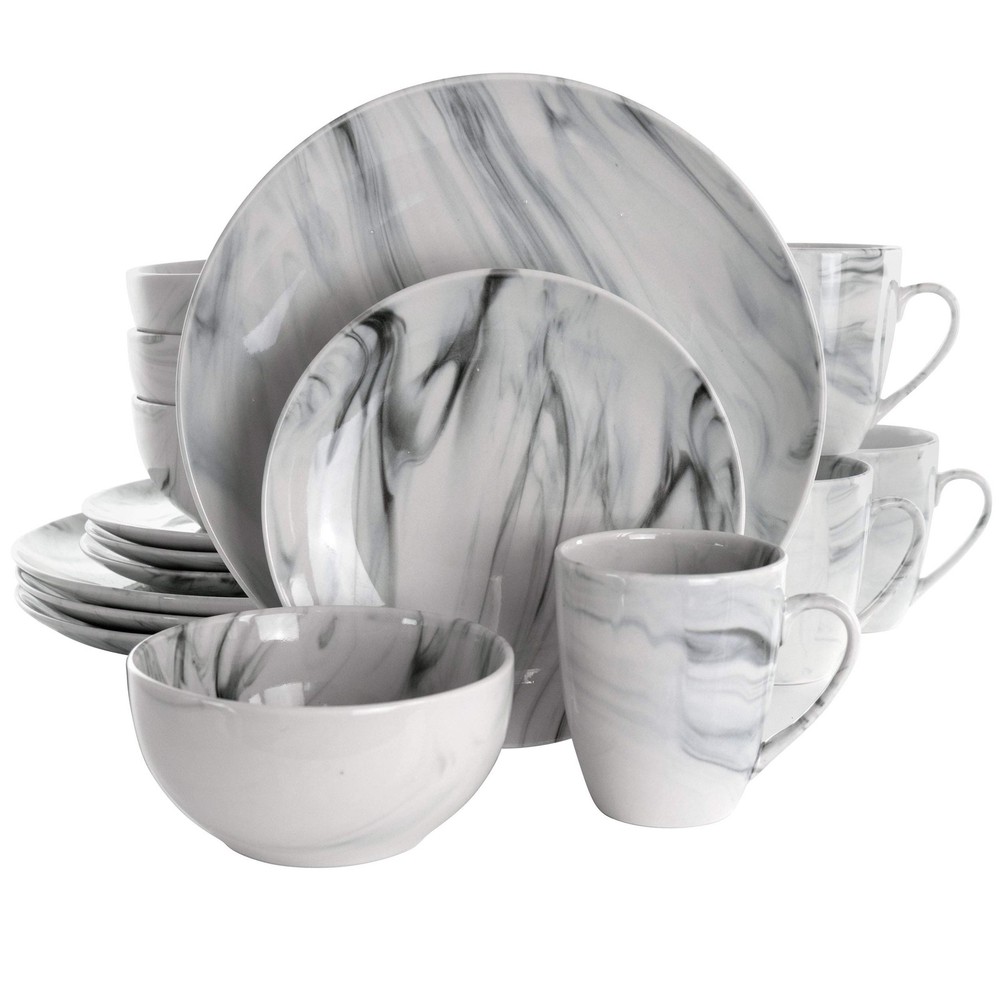 Elama Fine Marble 16-Piece Black and White Stoneware Dinnerware Set